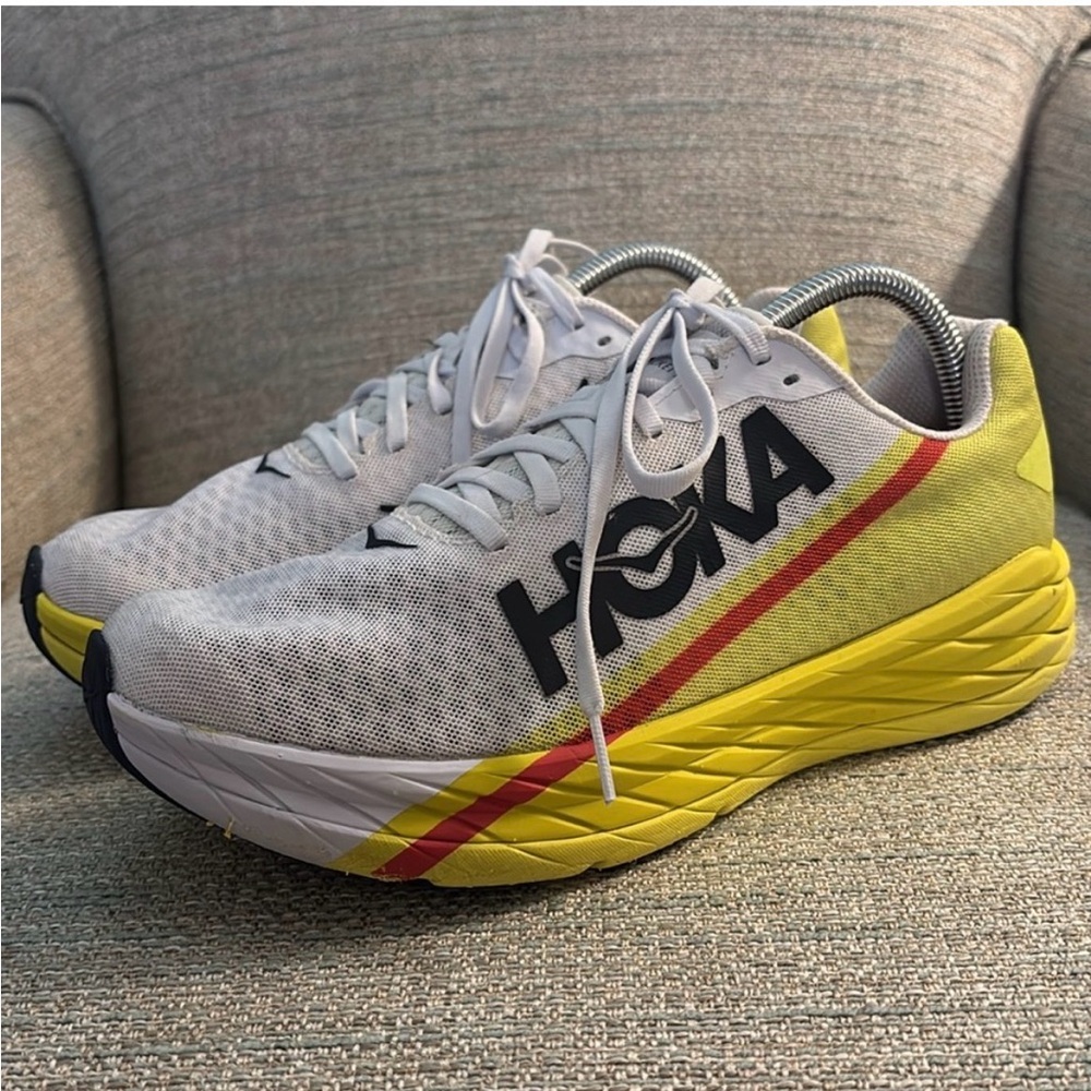 HOKA One One Rocket X Running Shoes Sneakers‎ White / Yellow Mens size 9.5